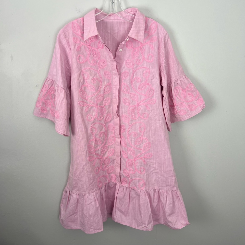 Linen Cotton Pink Embroidered Button Down Dress Ruffle Hem